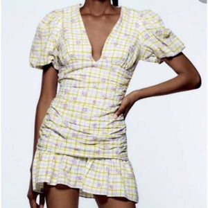 Zara Women’s Checkered Draped Mini Dress Balloon Sleeve Floral XS